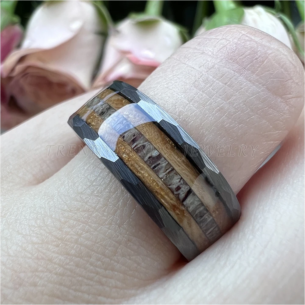 8mm Hammered Fashion Ring for Men Women Tungsten Carbide Engagement Jewelry Wedding Band Whisky Barrel Wood Inlay Brushed Shiny – Detail 10