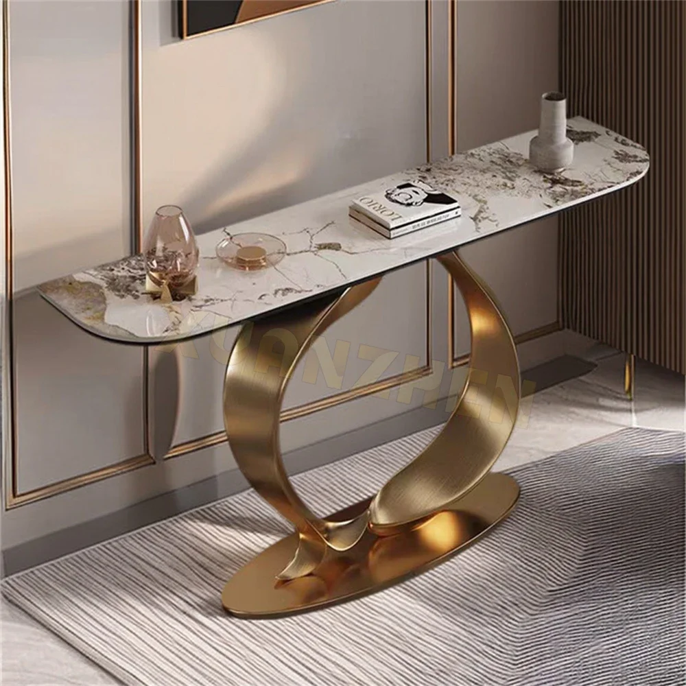 Living room furniture new desgin champagne gold stainless steel modern console table sintered stone console table console tables