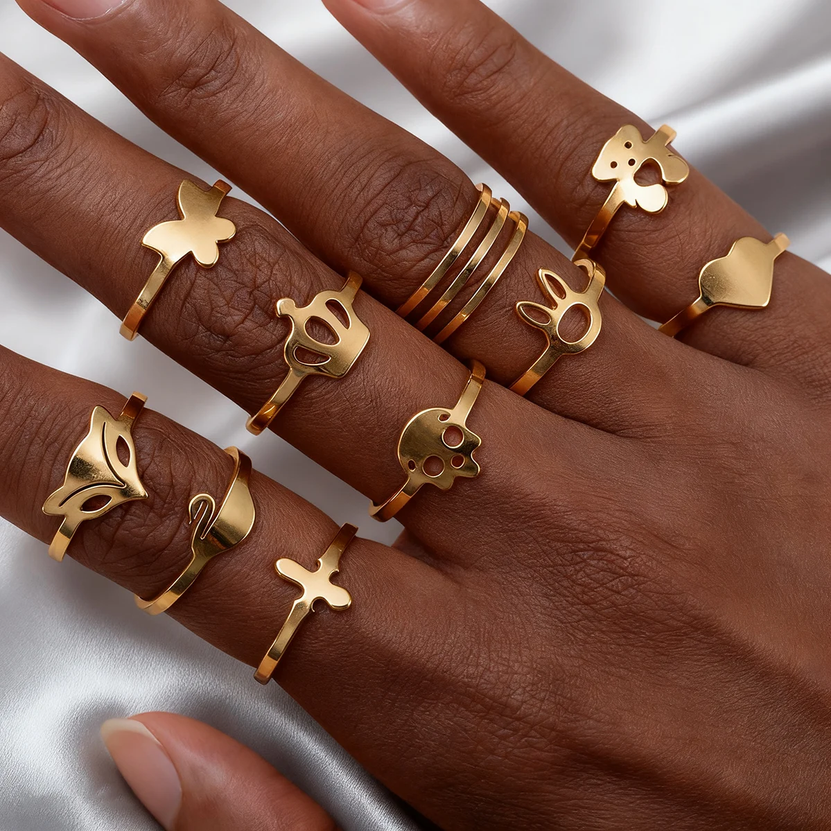 1pc/10pcs Simple Open Rings Love Butterfly Skull Fox Shaped Rings Stainless Steel Open Rings 18mm ID Press to Adjust Tightness
