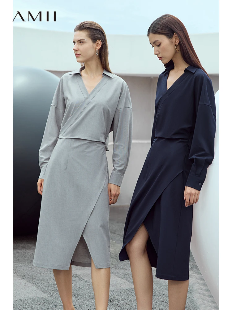 AMII Minimalist Overlapping Dresses for Women 2023 Autumn New Simple Office Lady V-neck Long Sleeve Solid Female Dress 12343099