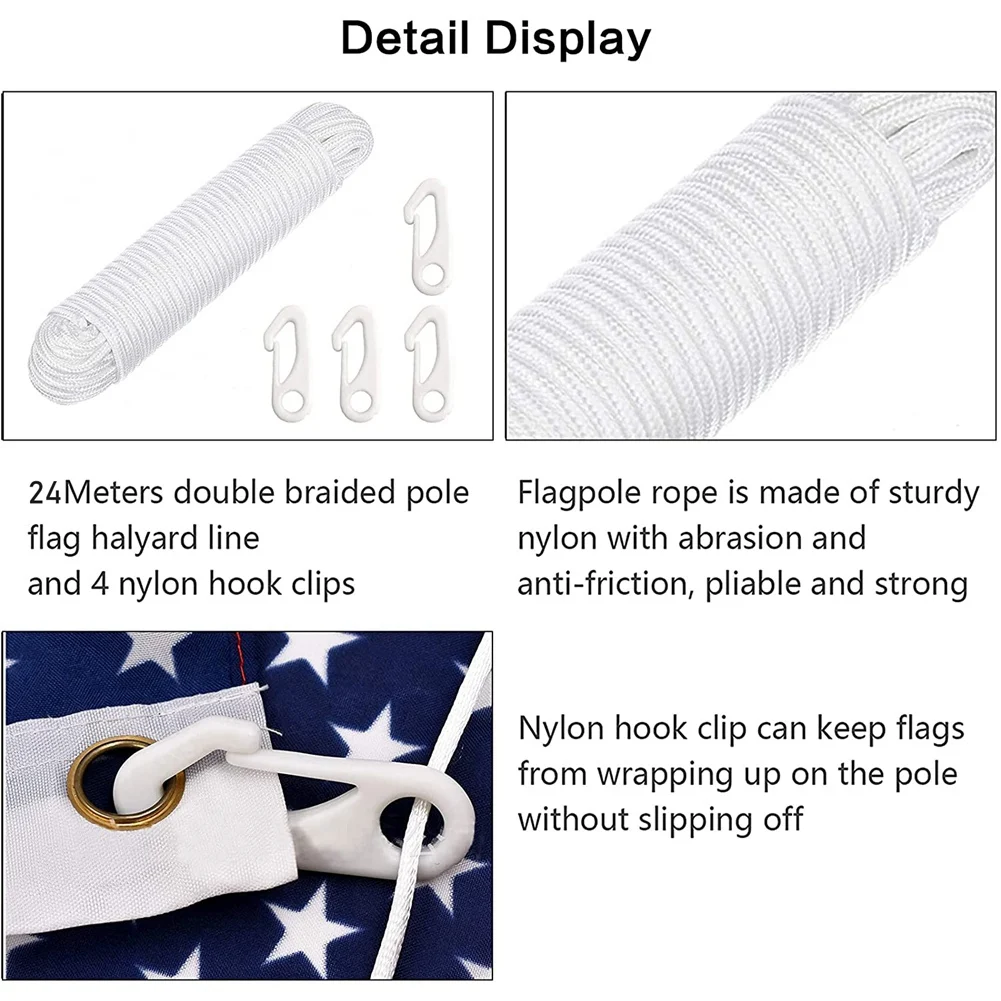 80 Ft 6mm Nylon Flag Rope,White 24M Double Braided Flag Pole Line with 4Pcs Clips,Washing Line for Hanging Flags/Clothes