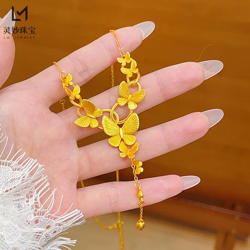 

9999 Brushed April Butterfly Necklace Butterfly Tassel 24K Real Gold Wedding Clavicle Chain for Women