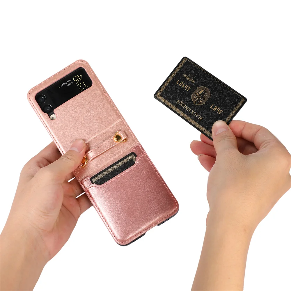 Etui na telefon Crossbody do Samsung Galaxy Z Flip 5 4 3 5G Flip5 Flip4 Slot na karty kredytowe Wstrząsoodporna skórzana tylna obudowa ze smyczą