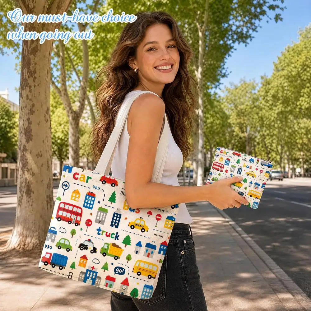 ART Transportation Cars Truck Boat Racing Storage Bags 2-Piece Set Double-Sided Print with Zipper Canvas Tote Bag for Travel