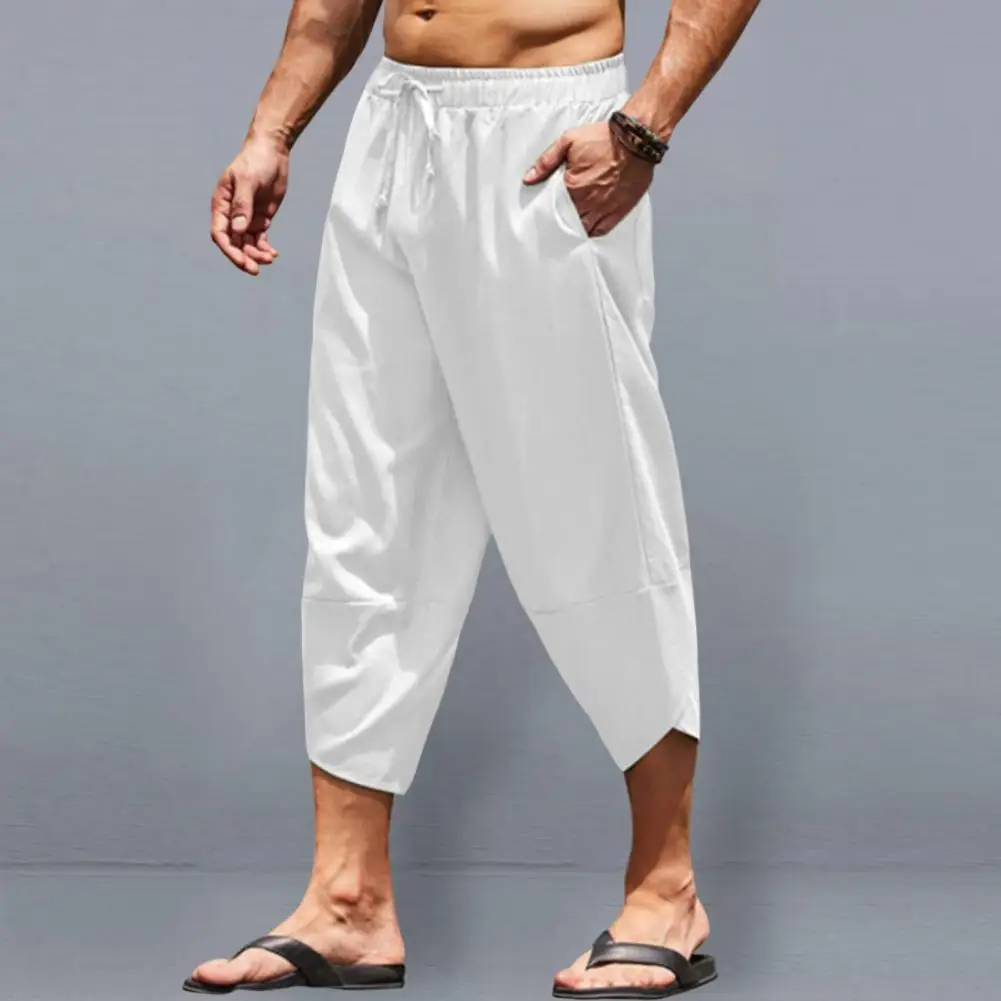 

Cropped Men Baggy Pants Harajuku Summer Loose Calf Length Casual Pant Elastic Waistband Solid Color Harem Pants Loose Sweatpants