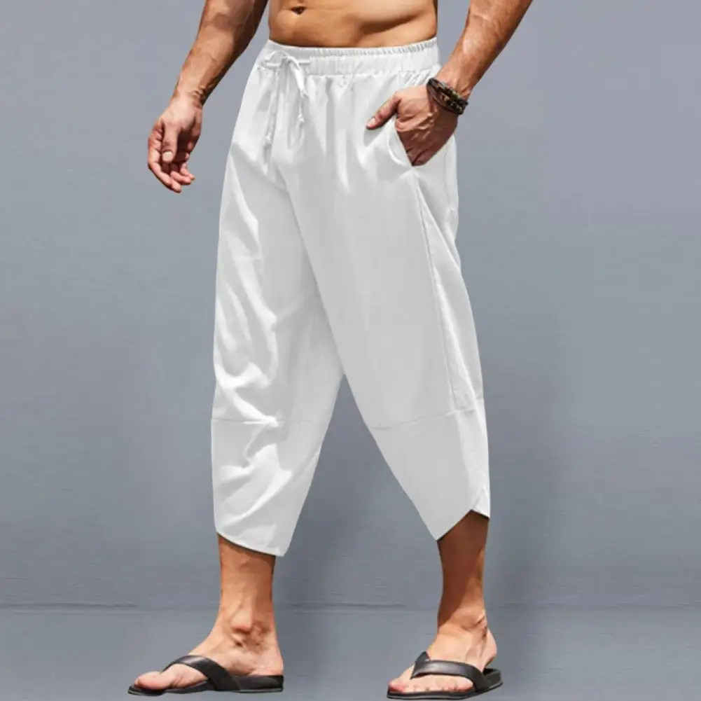 Cropped Men Baggy Pants Harajuku Summer Loose Calf Length Casual Pant Elastic Waistband Solid Color Harem Pants Loose Sweatpants