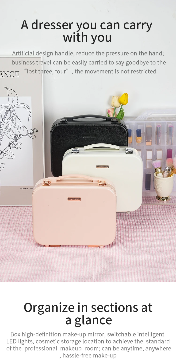 New design Makeup Case With Lighted Mirror, Makeup Box With Led 3 Color Setting Travel Makeup Train Case Adjustable Brightness