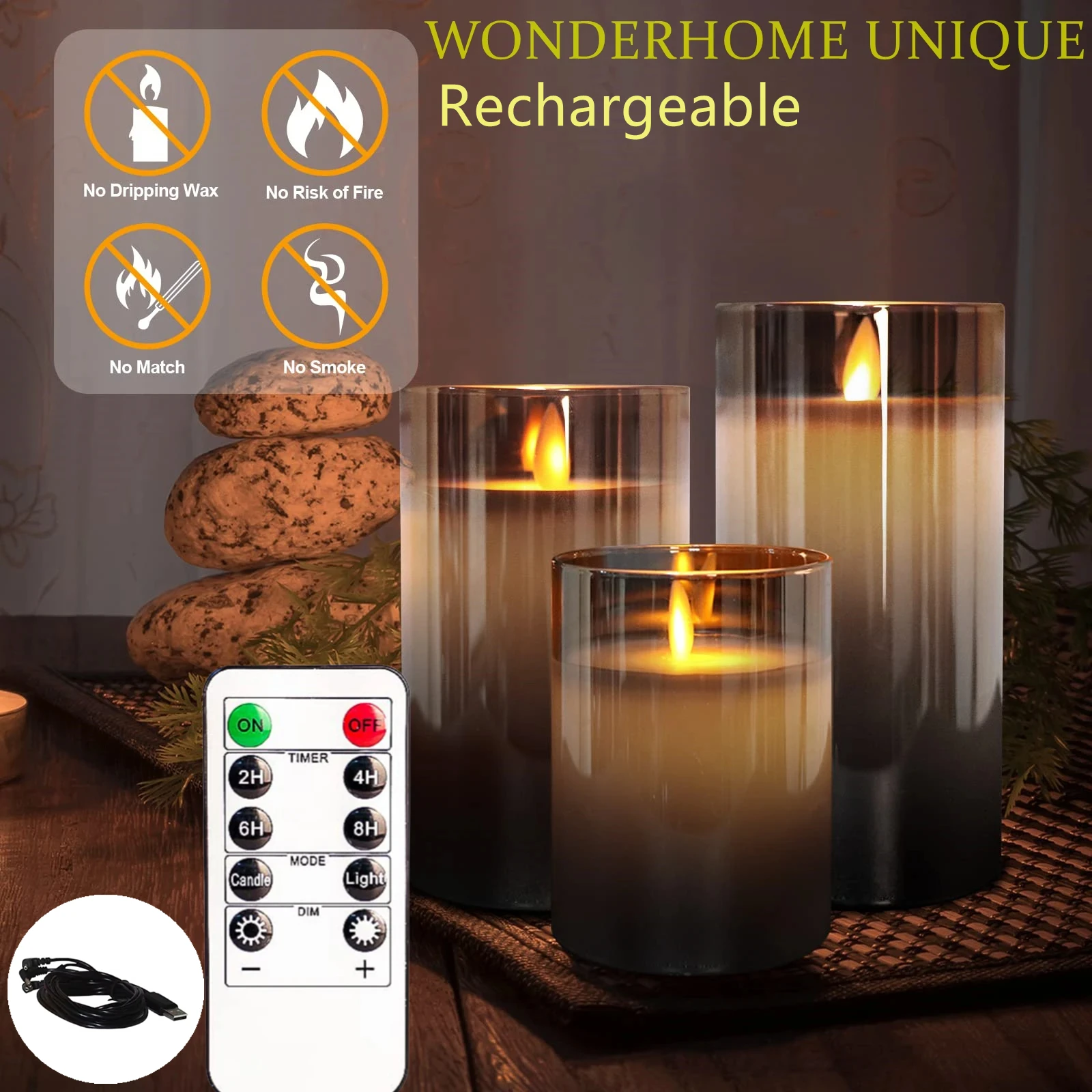 3Pcs 10/12/15CM Led Flameless Electric Candles Lamp Real Wax Glass USB Rechargeable Flickering Fake Tealight Candle for Wedding