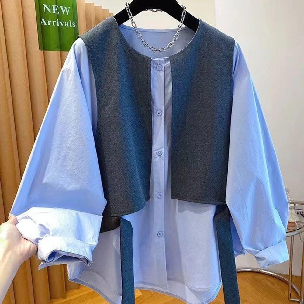 High-end stacking design, suit, vest splicing, white shirt, fake two-piece top, women's 2026 new early spring 5