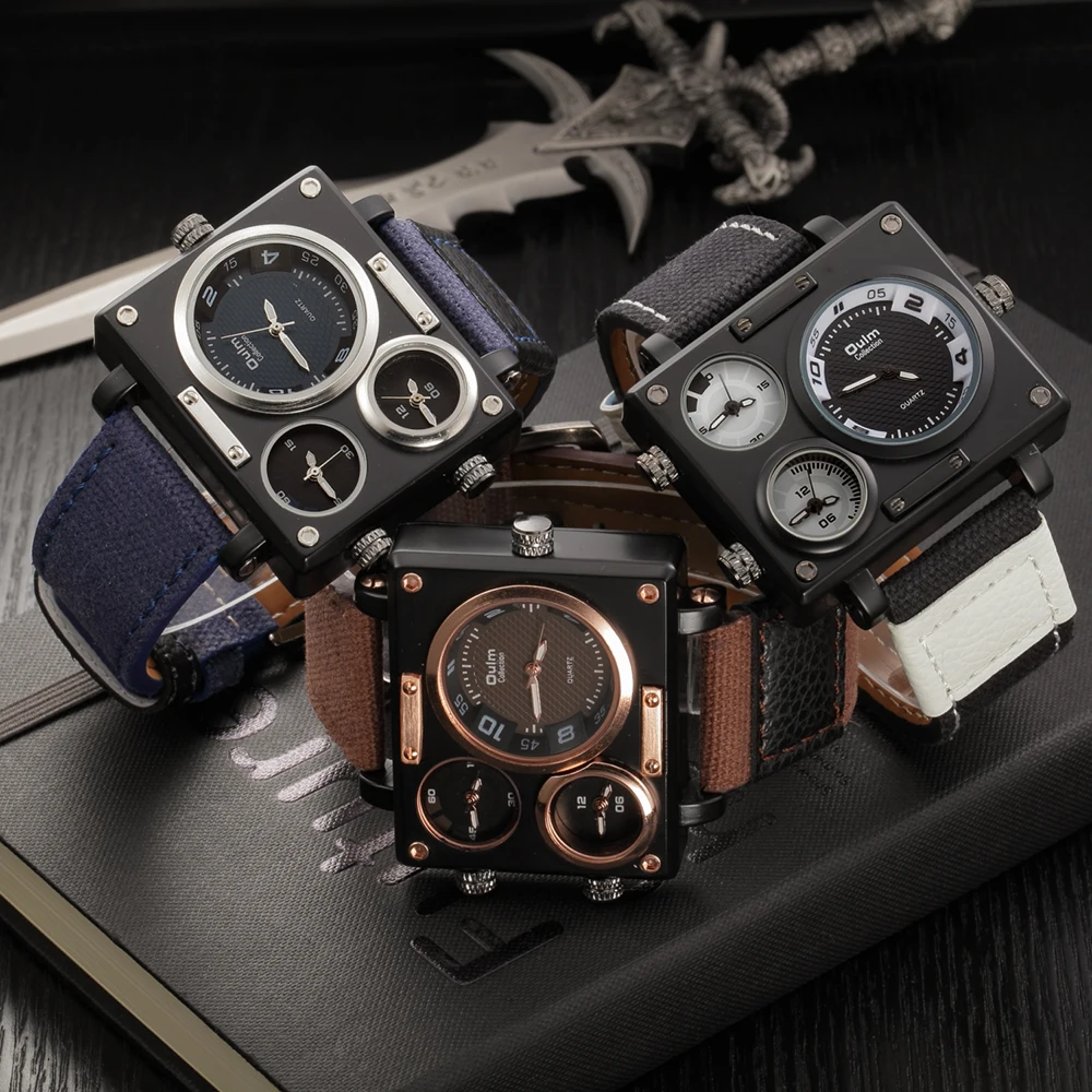 Oulm Top Luxury Brand Men Watch Fabric Srap Quartz Watch Clock Male Multiple Time Zones Square Sports Watches Relogio Masculino