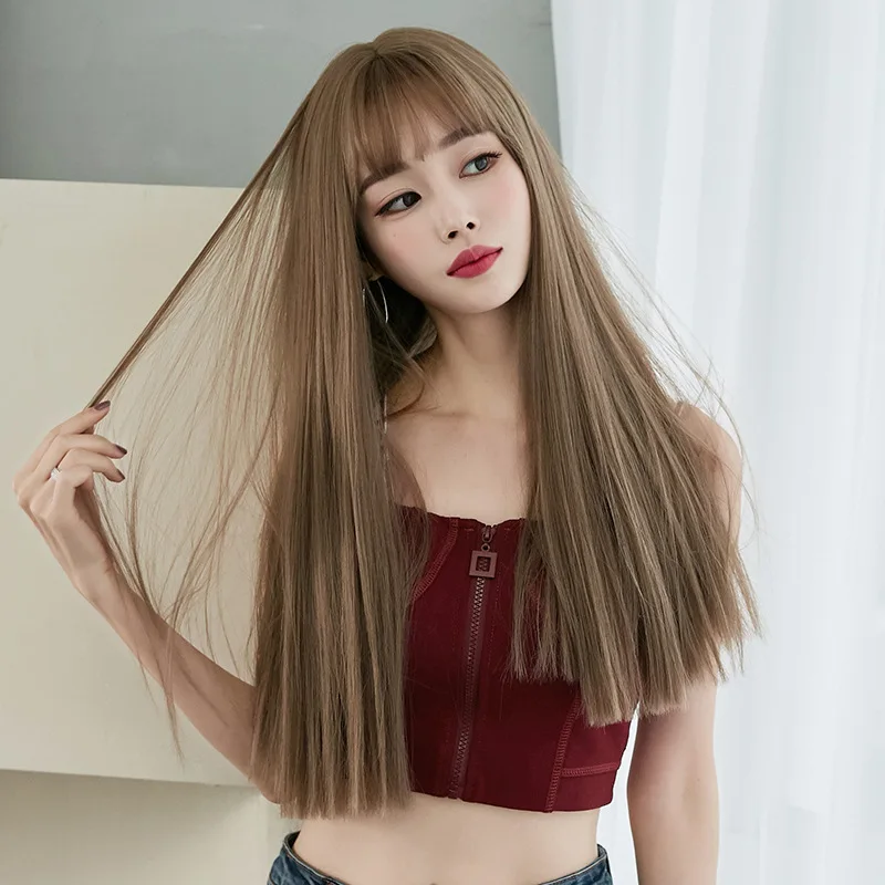 

Wig Female Long Hair Full Headgear Black Long Straight Hair Natural Air Bangs Full Hair Realistic Wig Cosplay Wig for Women