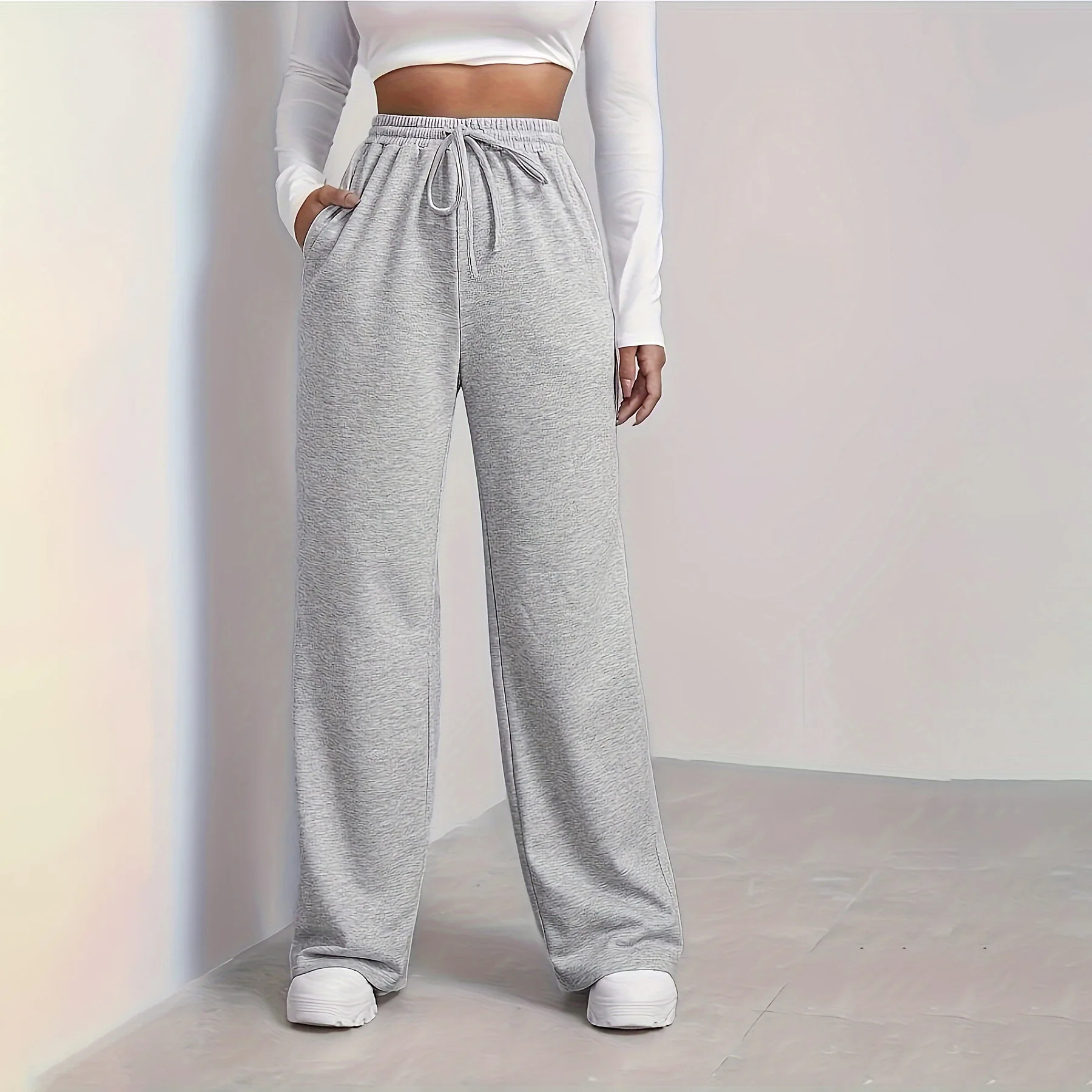 

Sporty Pants Women Basics Style 2024 Summer Thin Loose Design Casual Straight Leg Sweatpants Women