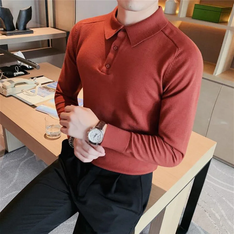 2023 Men Spring High Quality Casual Knitting Shirts/Male Slim Fit Fashion Long Sleeve Polo Shirts Tops Plus Size S-3XL