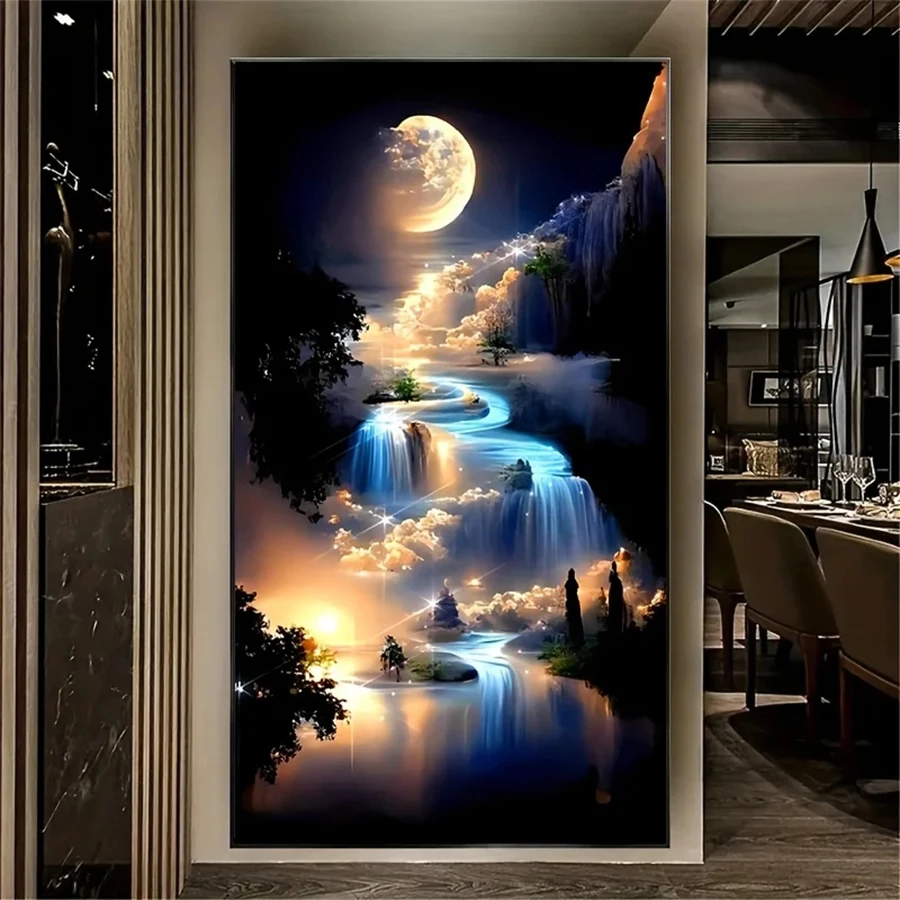 Diamond Painting Dreamy Night Scene Moon Night Waterfall River 5d Diamond Embroidery Full Diamond Mosaic Cross Stitch Decoration