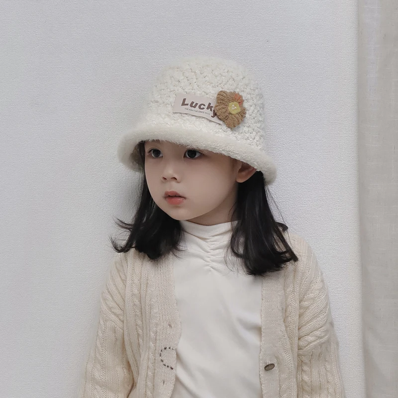 Autumn Winter Baby Fisherman Hats Lovely Flower Pattern Kids Boys Girls Children Caps Artificial Lambwool Soft Warm Bucket Hat