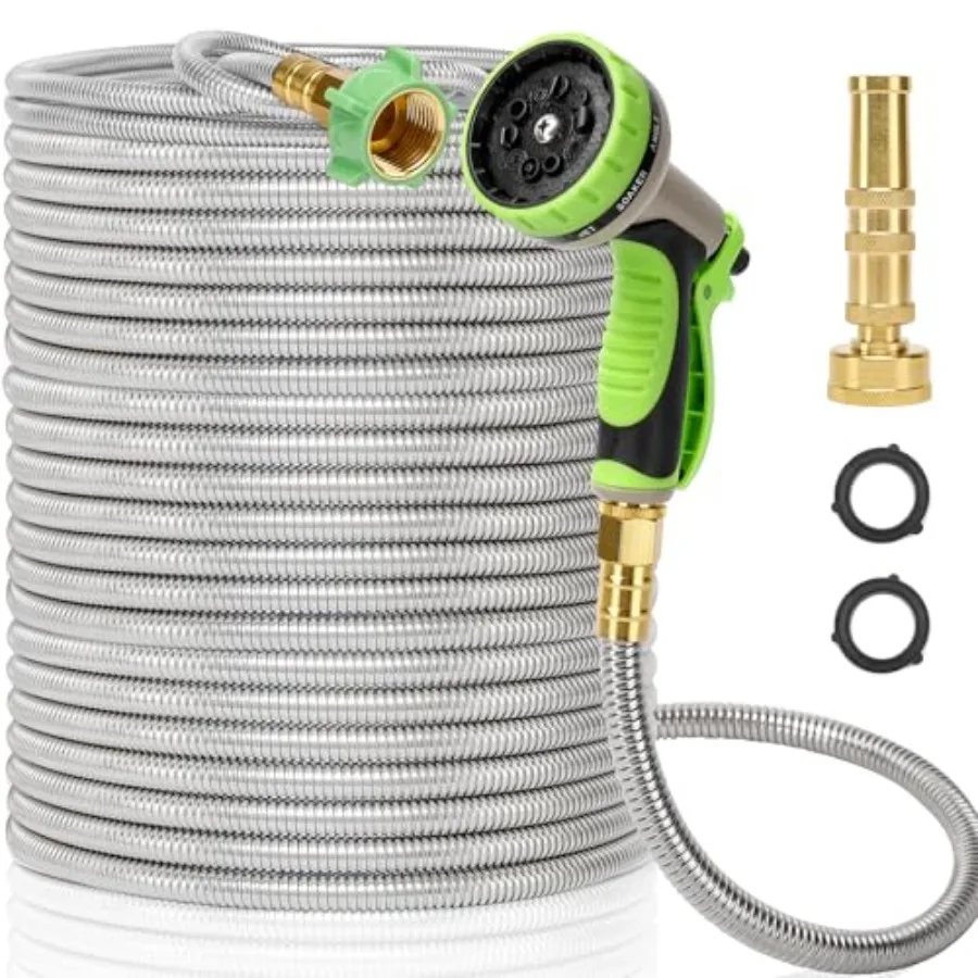 

Металлический садовый шланг из нержавеющей стали, 30 метров, сверхпрочный, с насадкой на 10 функций, латунная насадка, прочный и легкий