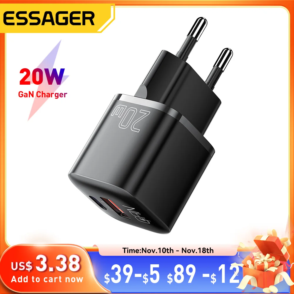 Essager 20W GaN USB Type C Charger PD Fast Charge Phone QC 3.0 Quick Chargers For iPhone 14 13 12 11 Pro Max Mini iPad Charging