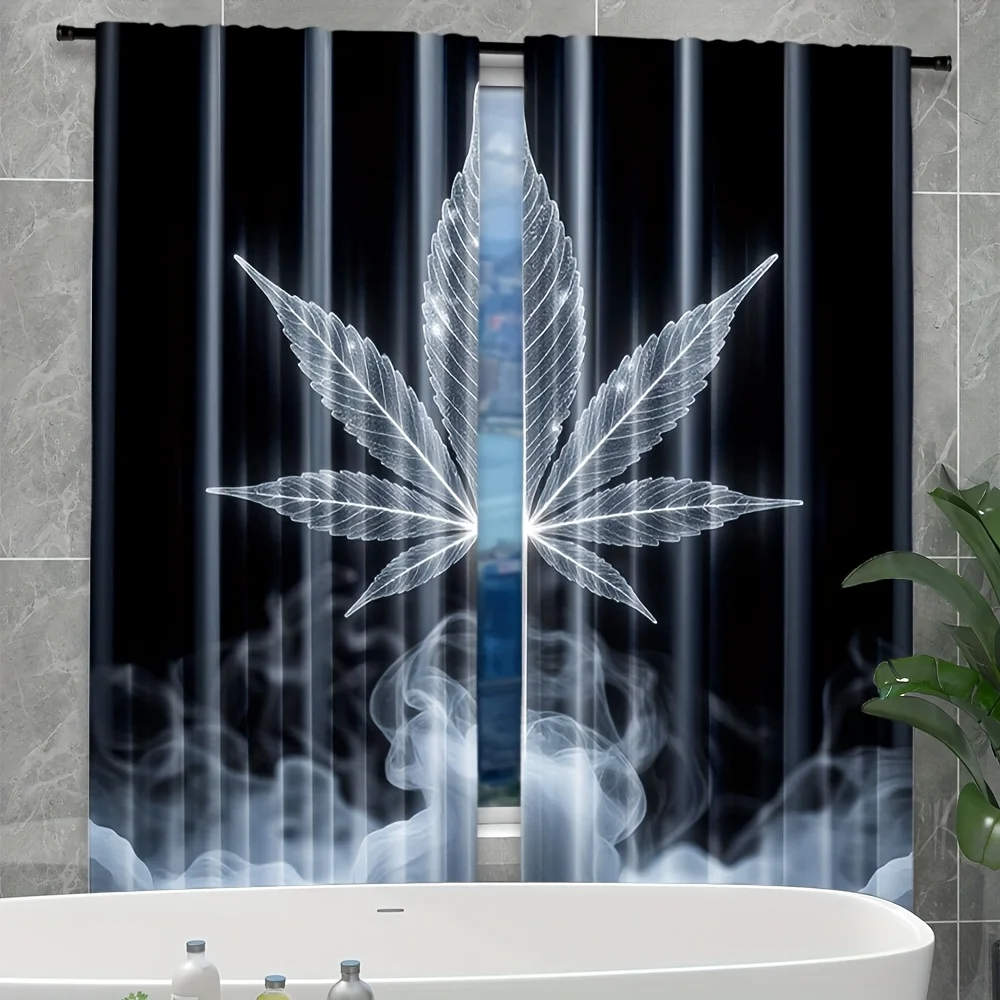 2 Pack Weed Leaf Curtains Marijuana Smoke Dark Background Print Drape Man Cave Bedroom Curtains Psychedelic Cool Home Decor