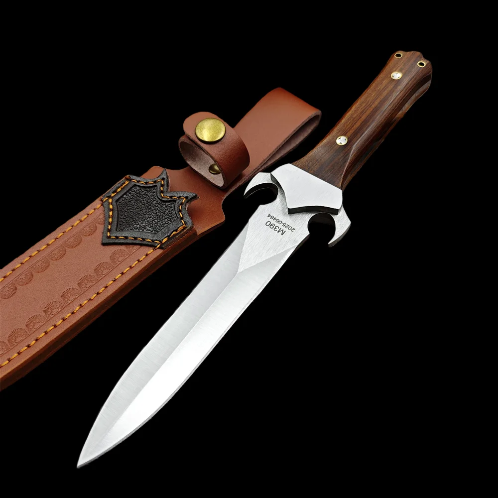 

M390 Лезвие с деревянной ручкой, тактический нож Edc, боевые ножи для самообороны, охотничий инструмент, нож для выживания в кемпинге с кожаными ножнами