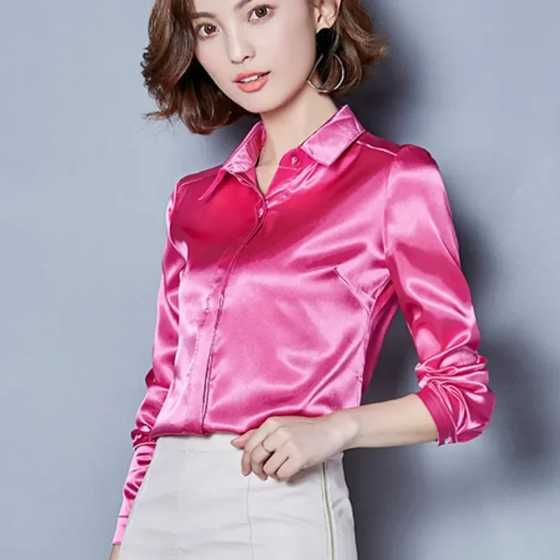 Glossy slip satin shirts women long sleeve Shiny satin blouses women work wear office OL shirts formal satin tops