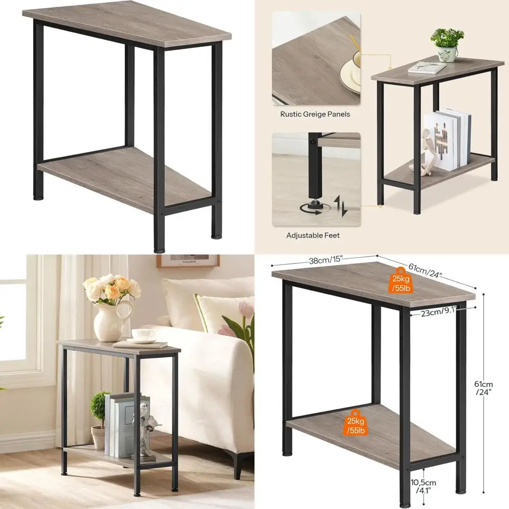 

Industrial Triangle Side Table with Storage for Small Spaces, Living Room, Apartment, Greige