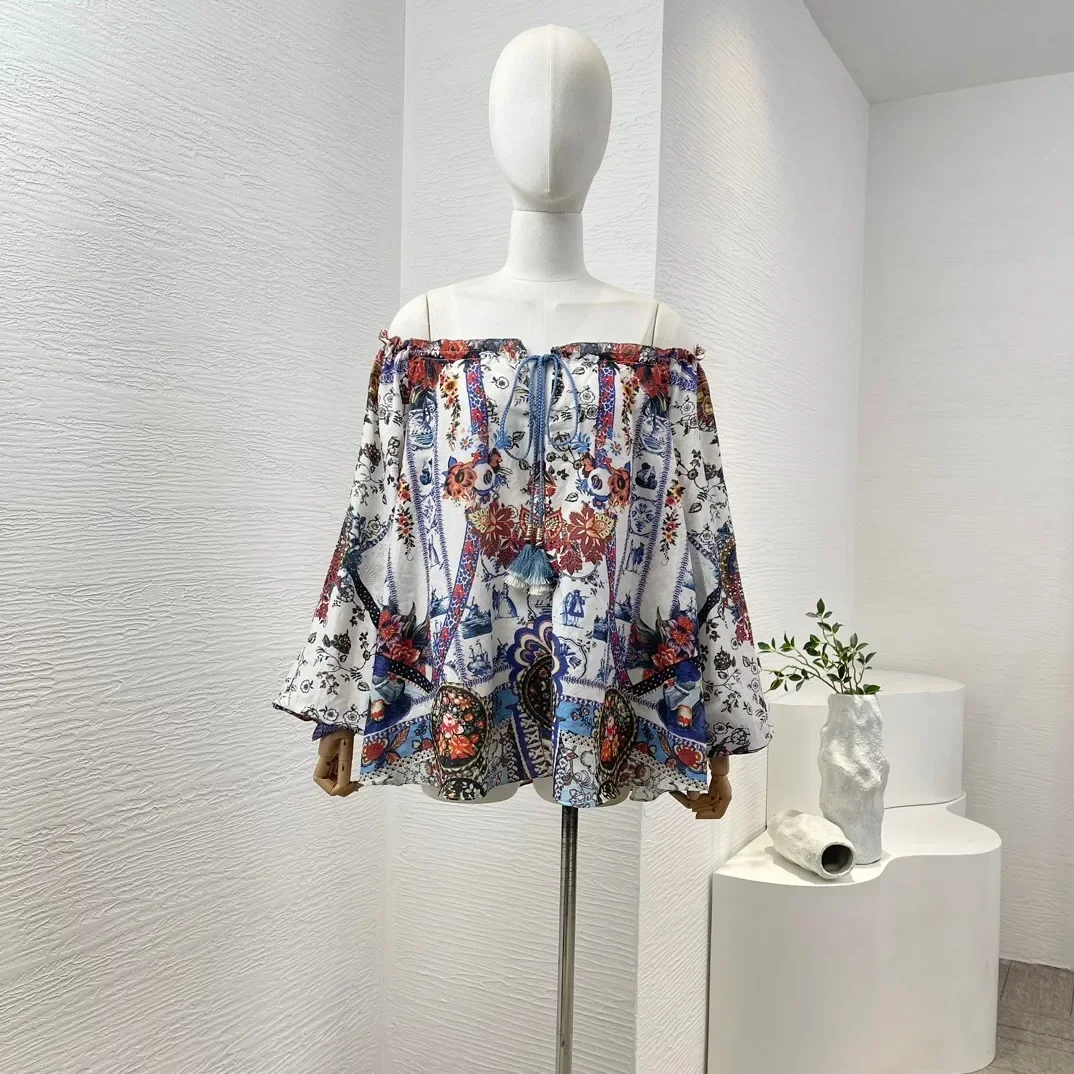 2024 Sommer Frauen Baumwolle Blumen druck Langarm von der Schulter Diamanten gepresste Schnür bluse Tops Rüschen Midi Rock Set