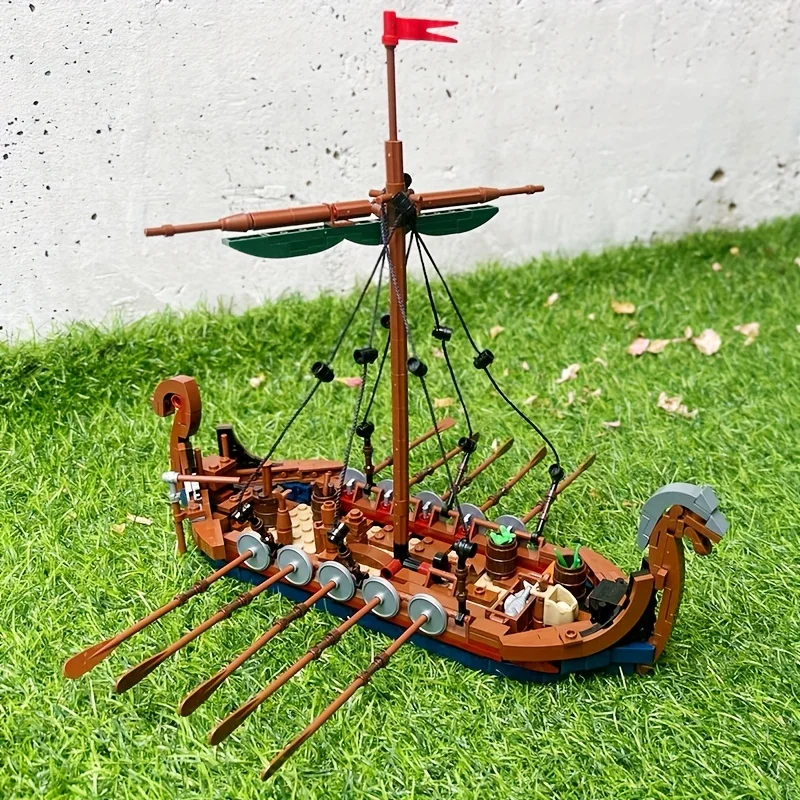 MOC-barco vikingo Medieval, 463 Uds., barco de navegación de aventura en el océano, bloques de construcción, educación,