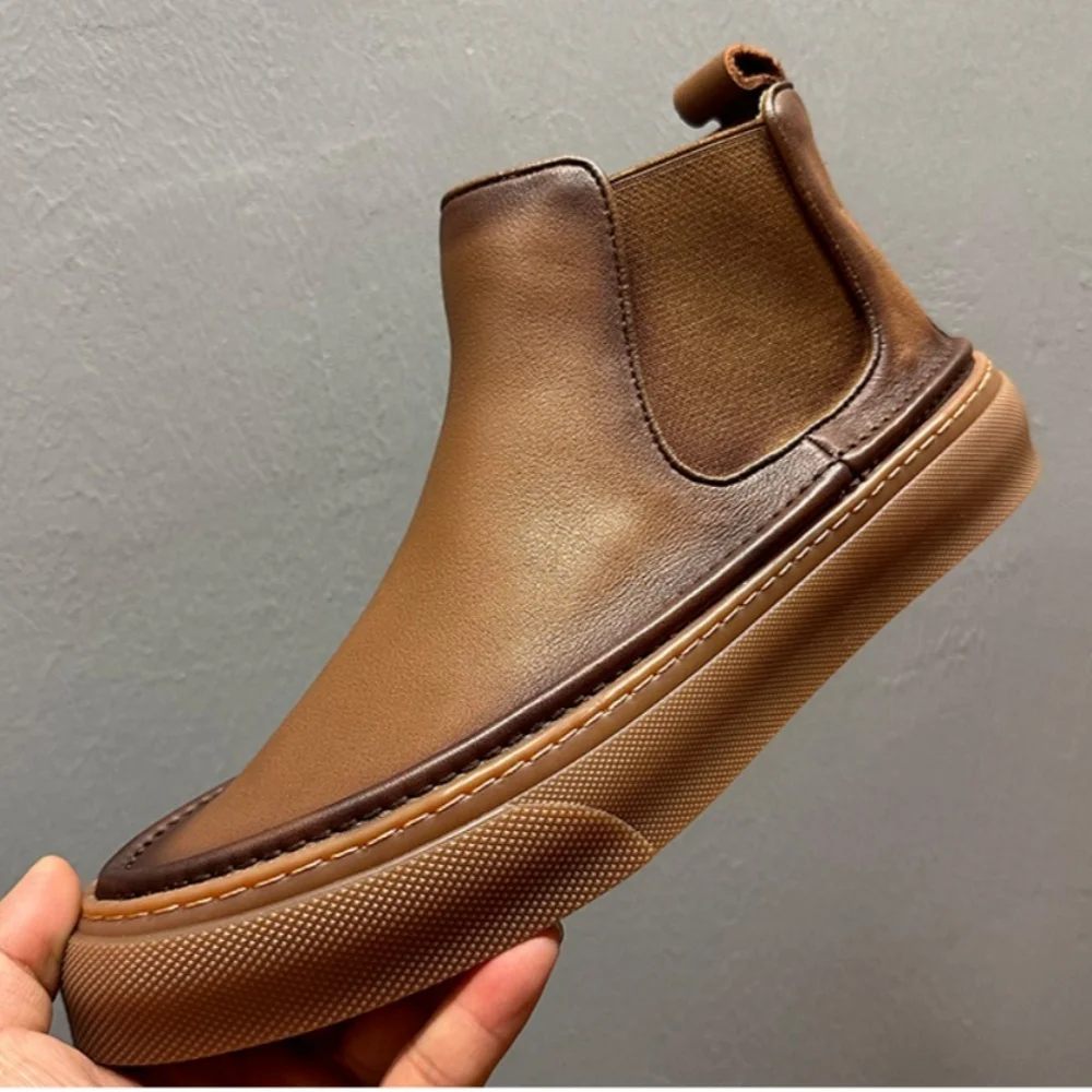 

QHCCID Men Chelsea Boots Brand Retro Comfortable Cowhide Leather Ankle Boots Men Fashion Black Brown Mens Handmade Boots