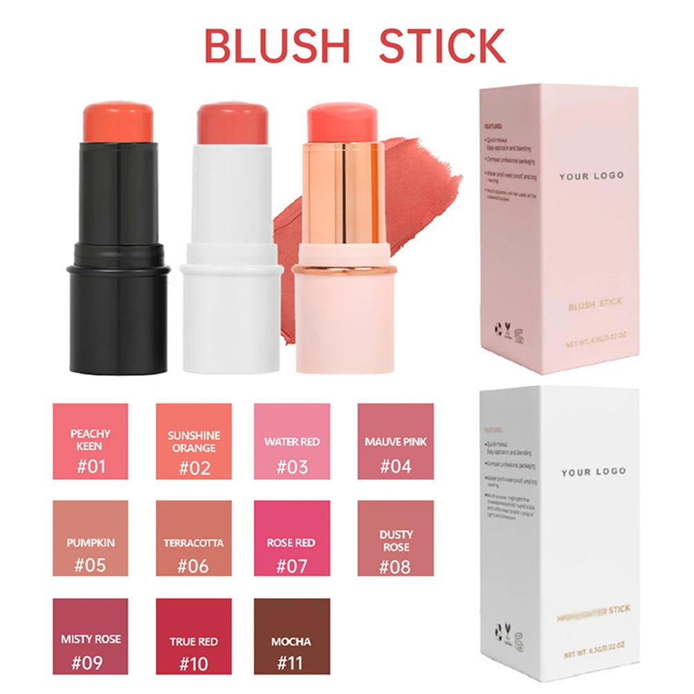 11 cores de marca própria 6.3g blush stick logotipo personalizado tubo preto cor única rouge multifuncional blush maquiagem à prova d'água vegana