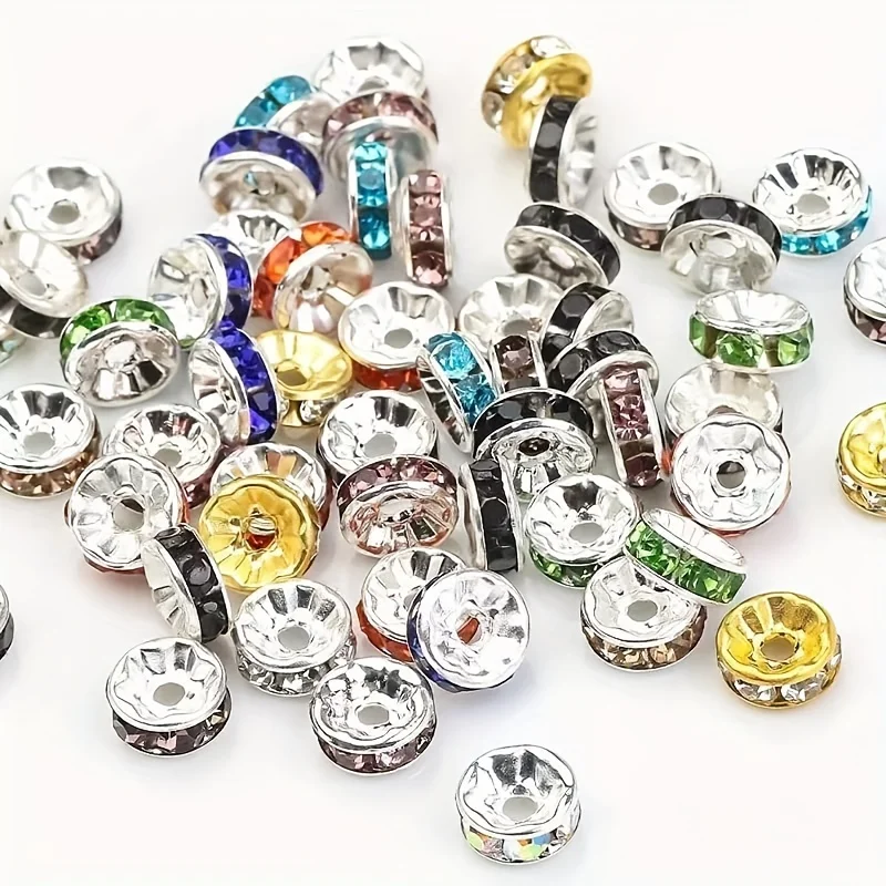 50pcs 8mm colored flat circular inlaid rhinestone loose beads, used for DIY bracelets, clothing accessories, jewelry production