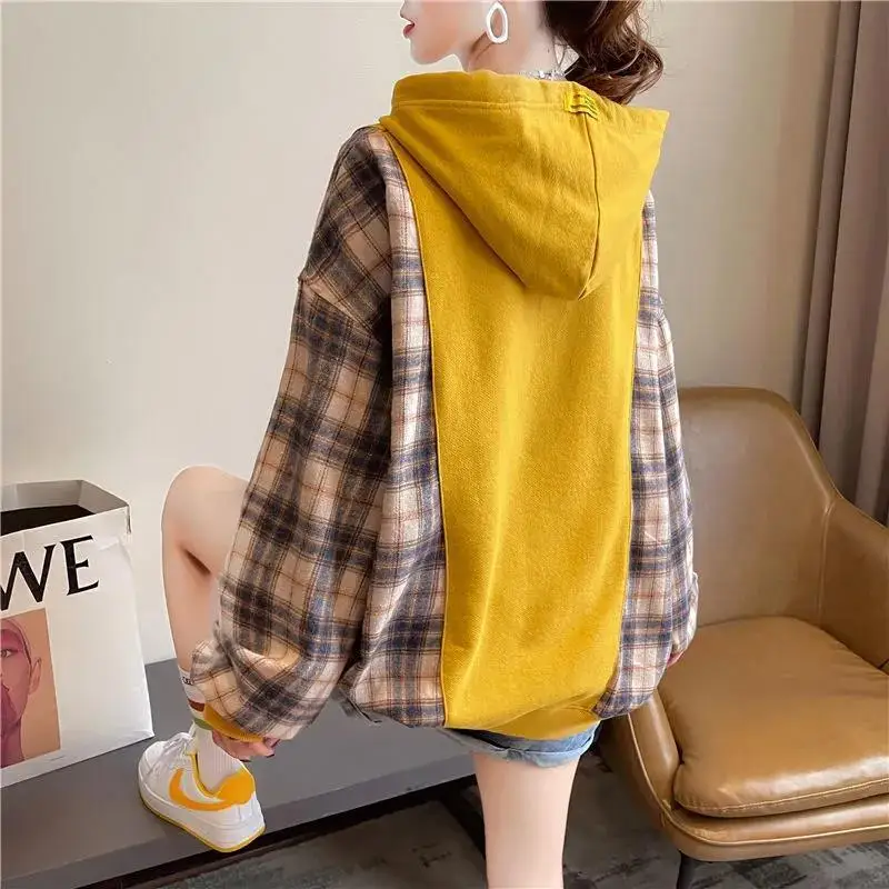 Fashion Embroidery Hoodies Plaid Sweatshirts Female Clothing 2024 Spring New Loose Casual Tops Fake Two Pieces Sweatshirts