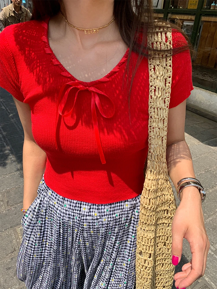 Haut tricoté en soie glacée rouge ort Sve pour femmes, coupe cintrée, coréen, pour les déplacements, conception de nœud Faion, été, nouveau...