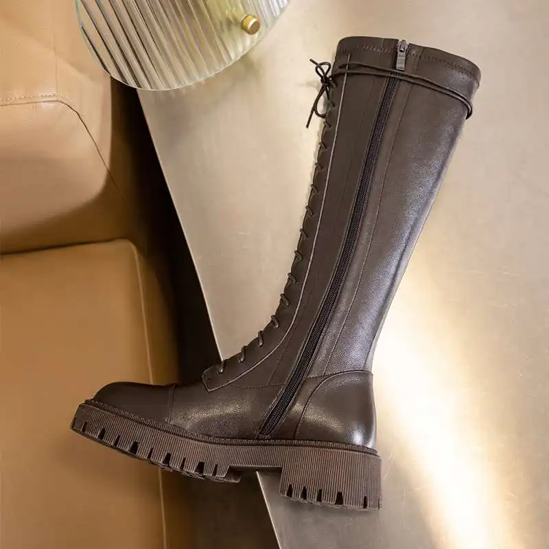 Krazing Pot Genuine Leather Round Toe High Heel Riding Boots Cross-tied Vintage Gladiator Lady Casual Platform Knee-high Boots