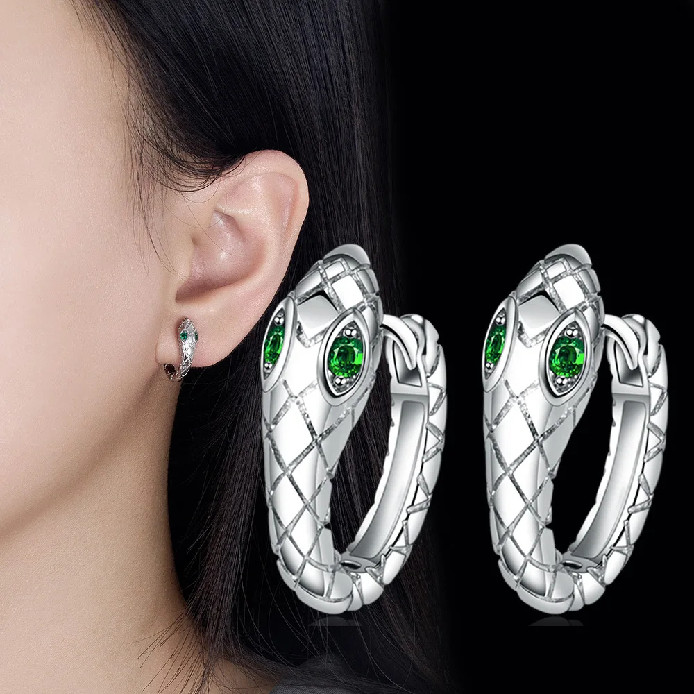 Vintage Animal Snake Hoop Earrings For Women Green and Blue Zircon 925 Sterling Silver Snake Textures Ear Buckle Female Jewelry