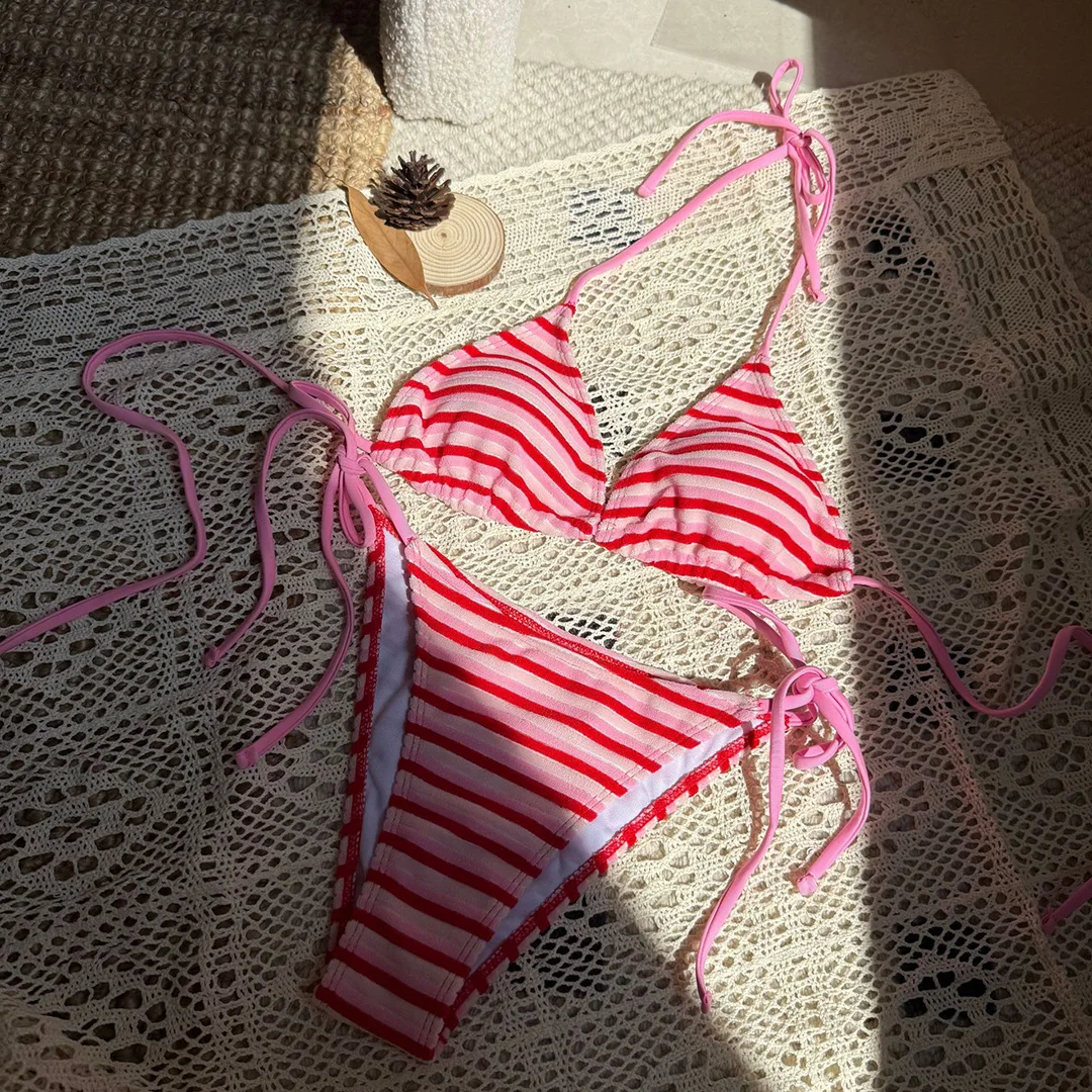 8 Farben, pinkfarbenes zweiteiliges Bikini-Set, gestreiftes Bikini-Oberteil mit hohem Beinausschnitt, Damen-Badeanzug, Damen-Badebekleidung, Badeanzug, Schwimmanzug V5540. – Detail 10
