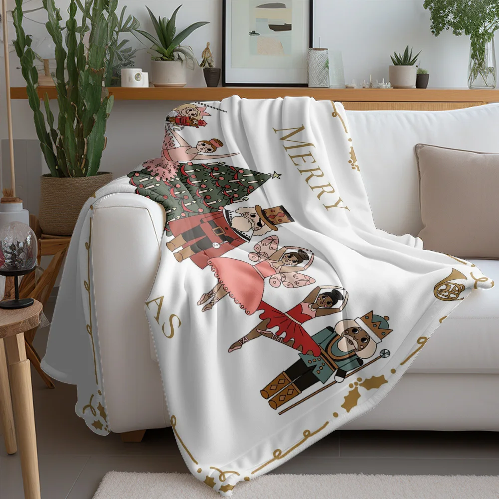 Nutcracker Ballet Christmas Fleece Blanket, White with Gold Holly Design, Character Collection for Elegant Holiday Decor