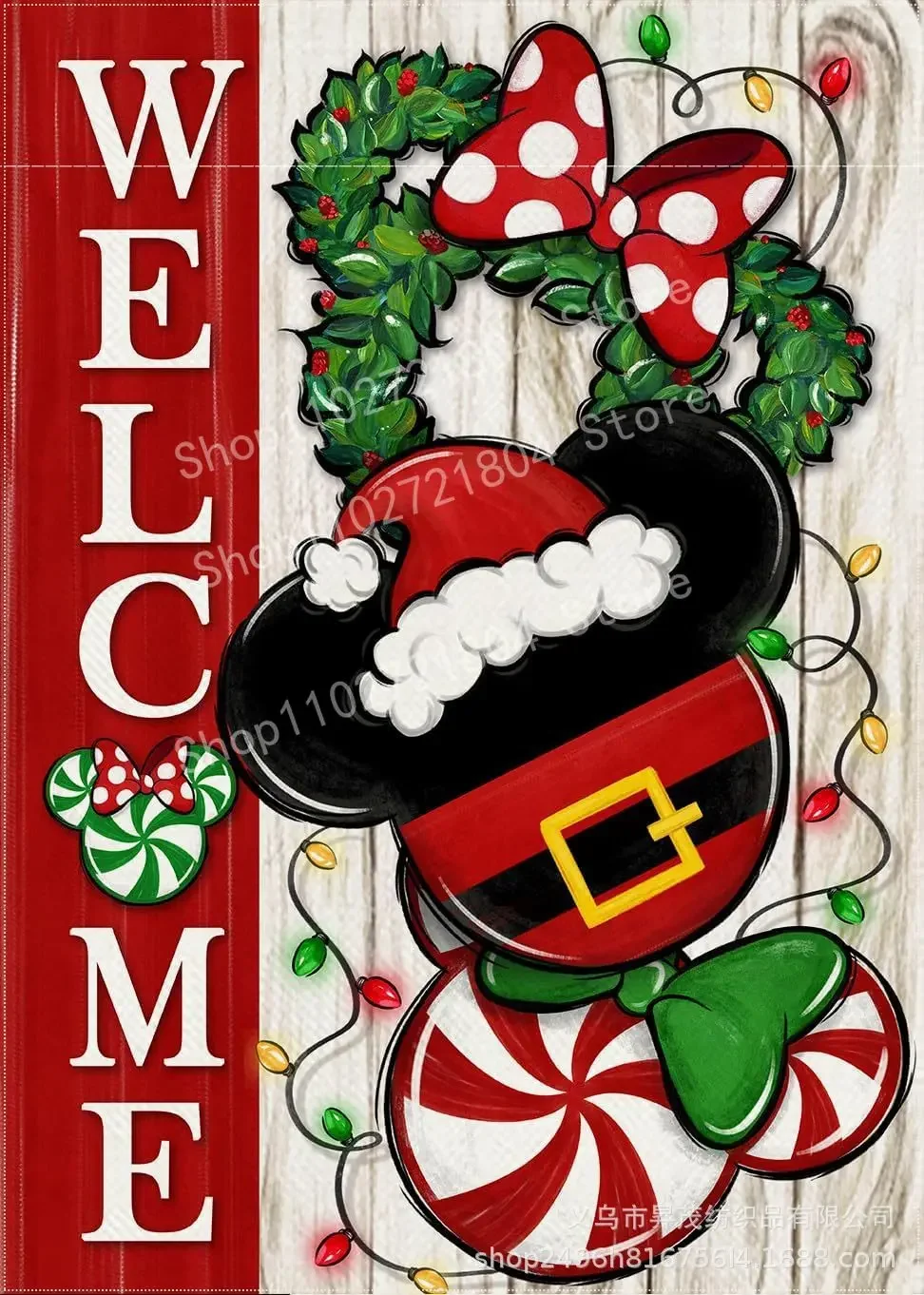 Welcome Christmas Mouse Santa Decorative House Flag Xmas Peppermint Candy Wreath Ornament Garden Yard Outside Decorations Wint