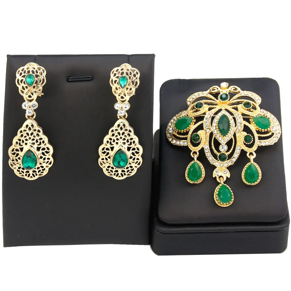 Sunspicems Gold Color Morocco Jewelry Bride Brooch Earring Sets Red Green Crystal Algeria Wedding Jewelry Sets Arab Hijab Pins