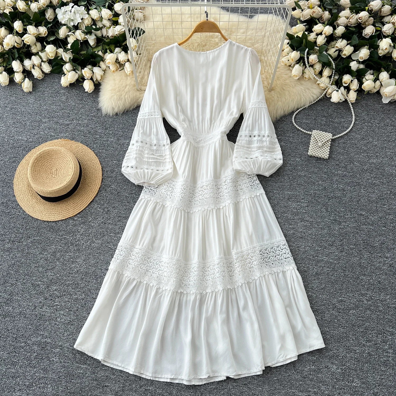 Chic Korean V-neck Lantern Sleeve Single Breasted Lace Spliced Dress High Street Evening Vintage Women Autumn Winter Clothing