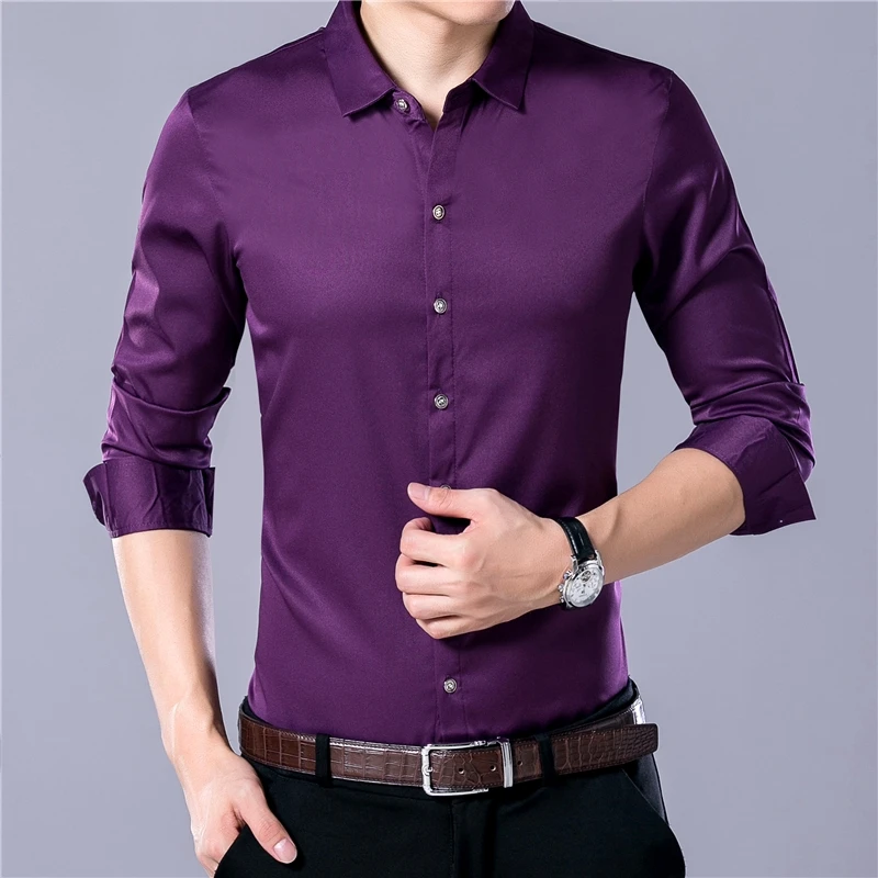 Men\'s Casual Fashion Business Solid Color Long Sleeved Shirt