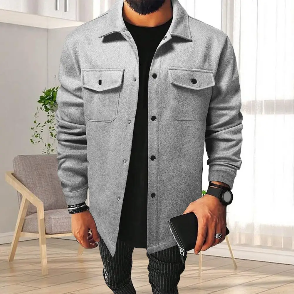 Men Autumn Winter Solid Color Shirt Lapel Long Sleeve Flap Pockets Jacket Coat Single Breasted Loose Fit Casual Tops