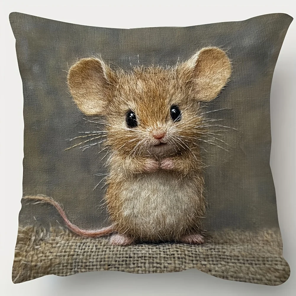 1pc 2D Flat Pillow Not Included Cute Mouse Standing Burlap Texture Cushion Cover Plush Animal Print Sofa Decor Gift Case