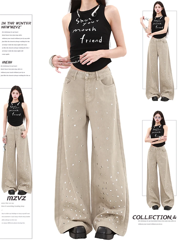 

Winter Women's Jeans Khaki Flared Pants Low Rise Sequin Jeans Bell Bottom Y2k Denim Harajuku Japanese Designer Jean New In Pants