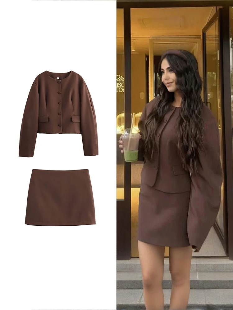 TRAF Women Brown Skirt Suit Elegant Button Waist-slimming Blazer + Solid Color Zipper Slimming Mini Skirt Simple Street Fashion