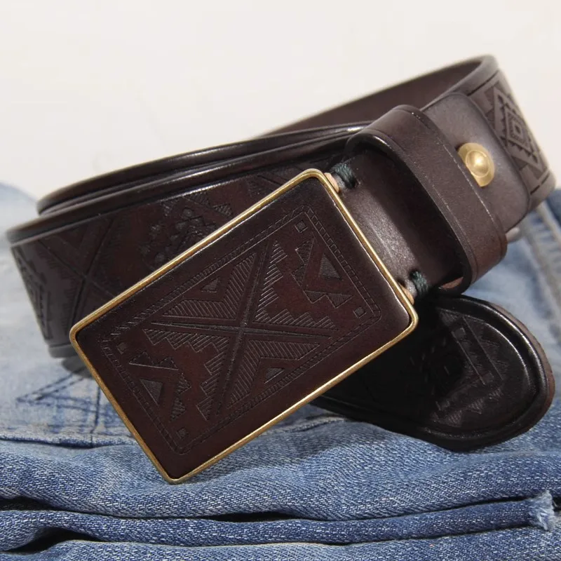 Genuine Leather High Quality Brass Buckle Jeans Casual Belt Extra Thick Cowhide Designer Laser Engraved Lucky Totem Men's Belt