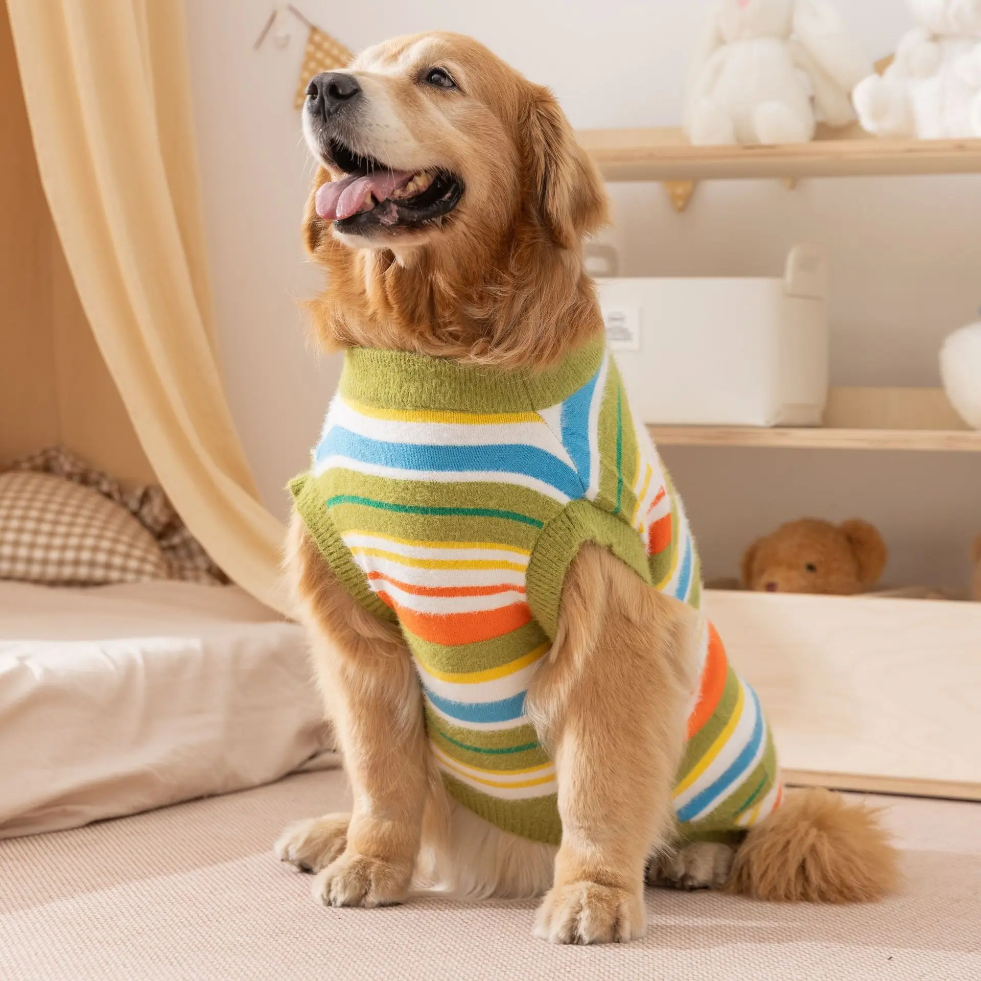Large Dog Sweater Winter Warm Knit Striped Pullover Sleeveless Two Legs Clothes For Golden Retriever Labrador Husky For Big Dogs