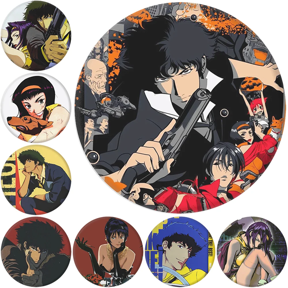 

58mm Anime Cowboy Bebop Spike Spiegel Faye Valentine Jet Black Vicious Cosplay COSTUME Badge Pin SPTE Tinplate Brooch Prop Gift