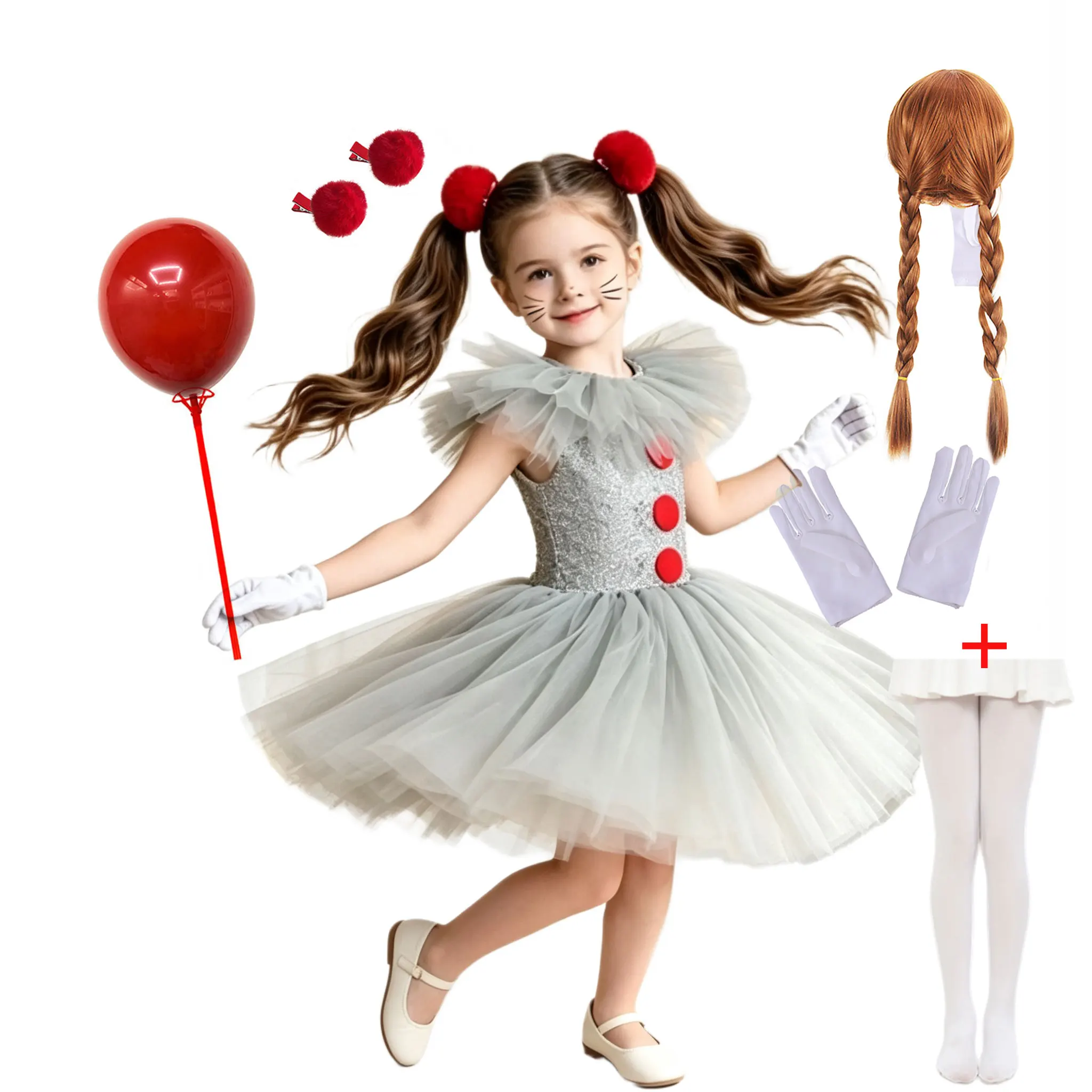 2026 Girl Grey Clown Tutu Dress Set With Pom Pom Hair Clips Gloves Kids Halloween Pennywise Cosplay Horror Joker Costume 3-10Yrs