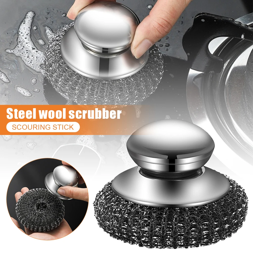 4pcs Steel Wool Scrubber with Replacement Wire Pads Set Stainless Steel Scrubber with Handle for Cast Iron, Pots, Pans, Grill