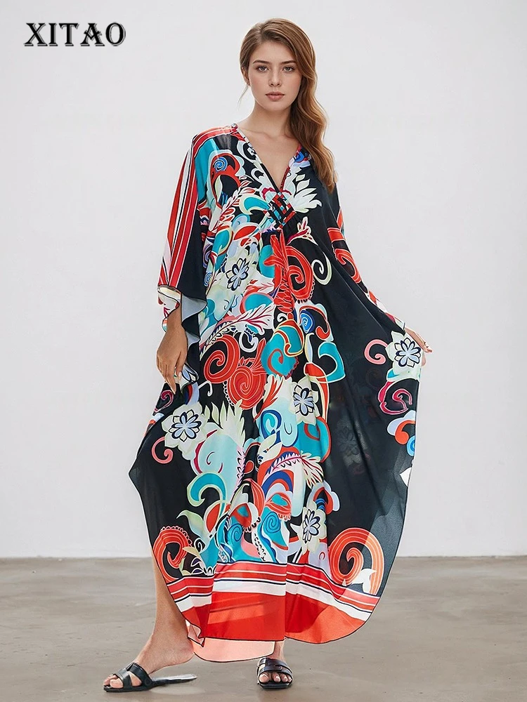 

XITAO повседневное платье с рукавами «летучая мышь» и принтом, свободный пуловер с v-образным вырезом и боковым разрезом, Новое поступление, летнее женское утягивающее платье GJ1178